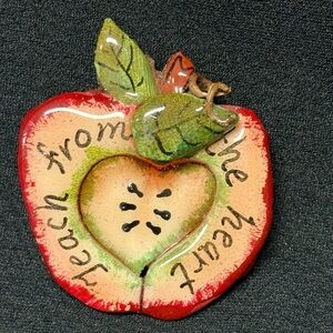 Handcrafted Apple Pin “ Teach from the heart”. With a heart center